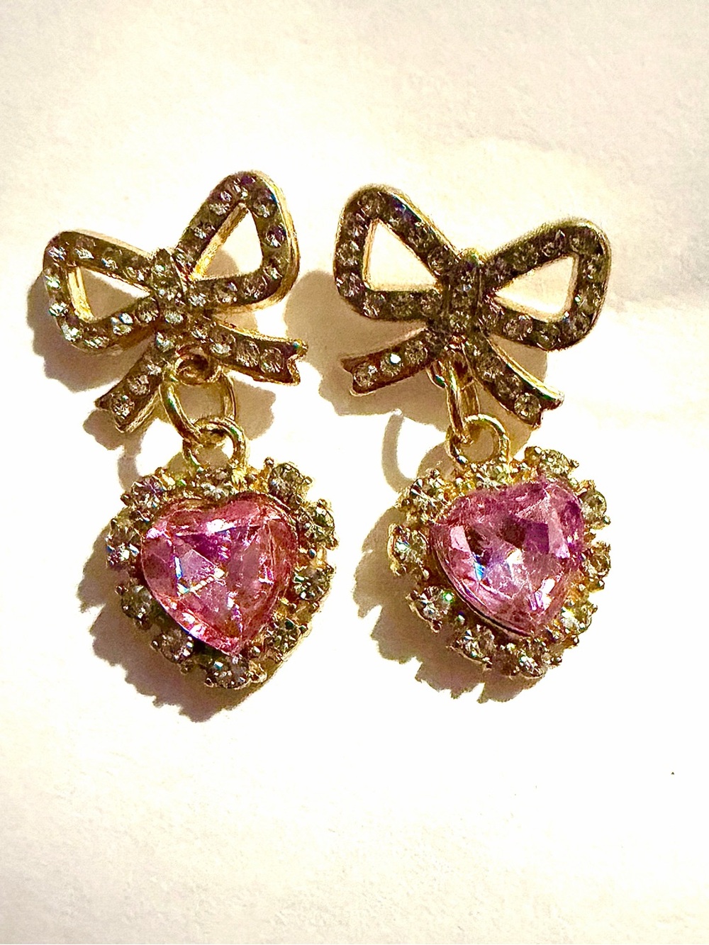Pink Rhinestone Heart Dangle Earrings
